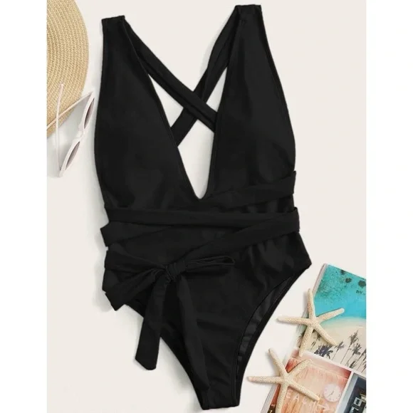 Bohemian Rust Plunging Neckline Wrap Tie Monokini One Piece Swim Beach S M L XL - Picture 6 of 7